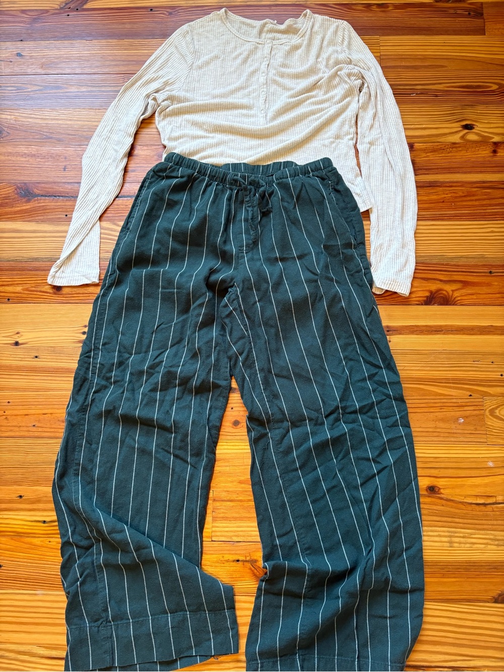 Target Sleepwear Set - Cream Ribbed Top and Dark Green Pinstripe Pants